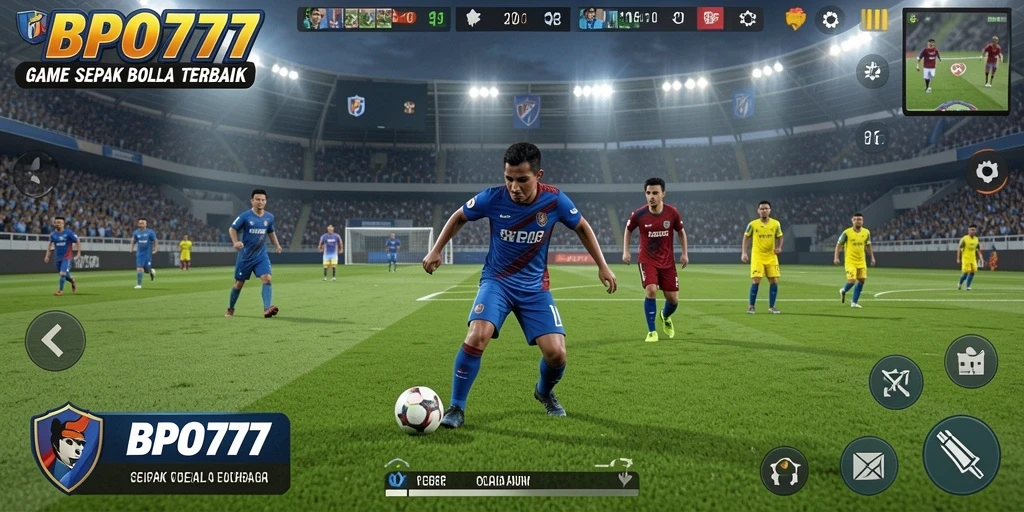 Screenshot BPO777 menampilkan aksi seru di lapangan sepak bola.