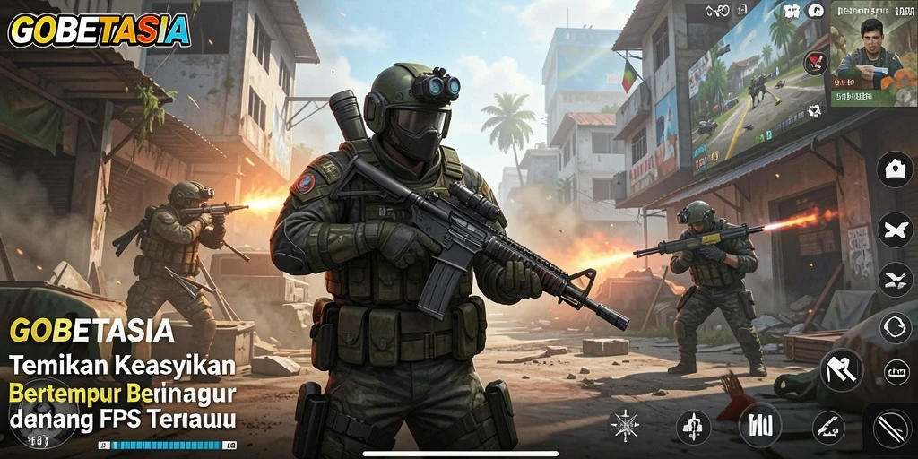 Screenshot GOBETASIA menampilkan pertempuran FPS seru di arena.