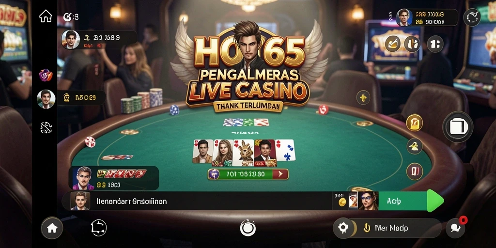 Screenshot gameplay HOKI65 menunjukkan dealer profesional dan interaksi pemain.