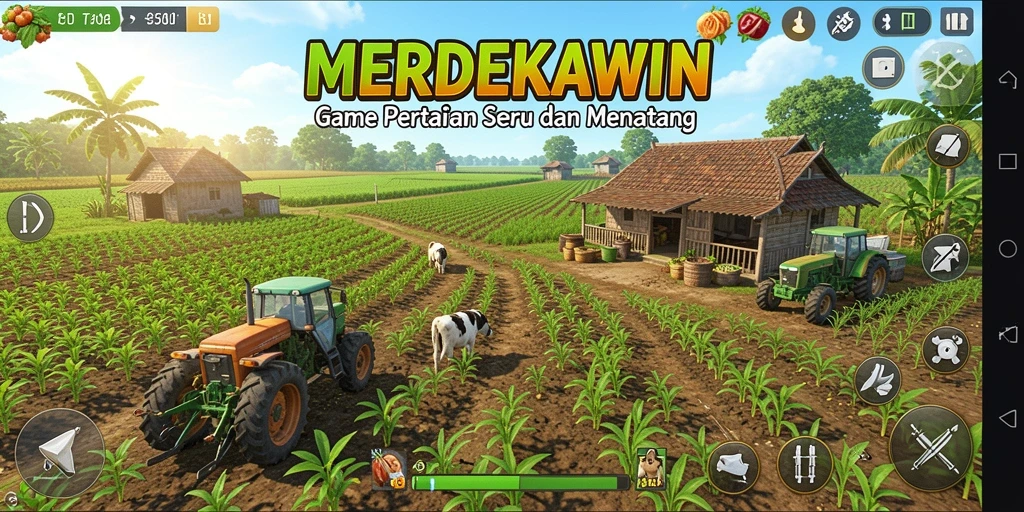 Tampilan gameplay MERDEKAWIN saat bertani dan memanen hasil.