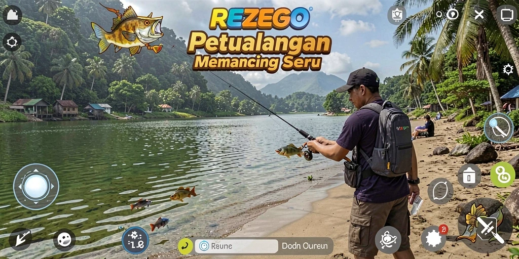 Tampilan screenshot gameplay REZEGO yang menunjukkan aksi memancing yang seru.