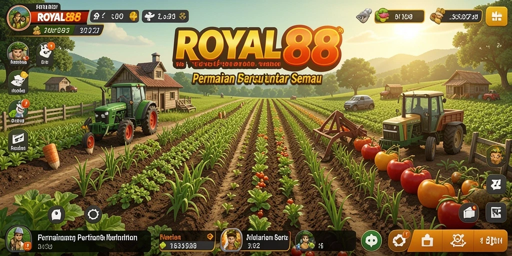 Screenshot gameplay <strong>ROYAL88</strong> menunjukkan aktivitas berkebun yang dinamis dan interaktif.