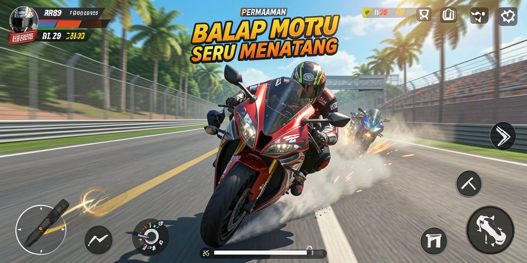 Screenshot utama RR89 menampilkan aksi balap motor seru di trek menantang.